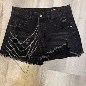SHEIN Black Denim Shorts with Chain Accent